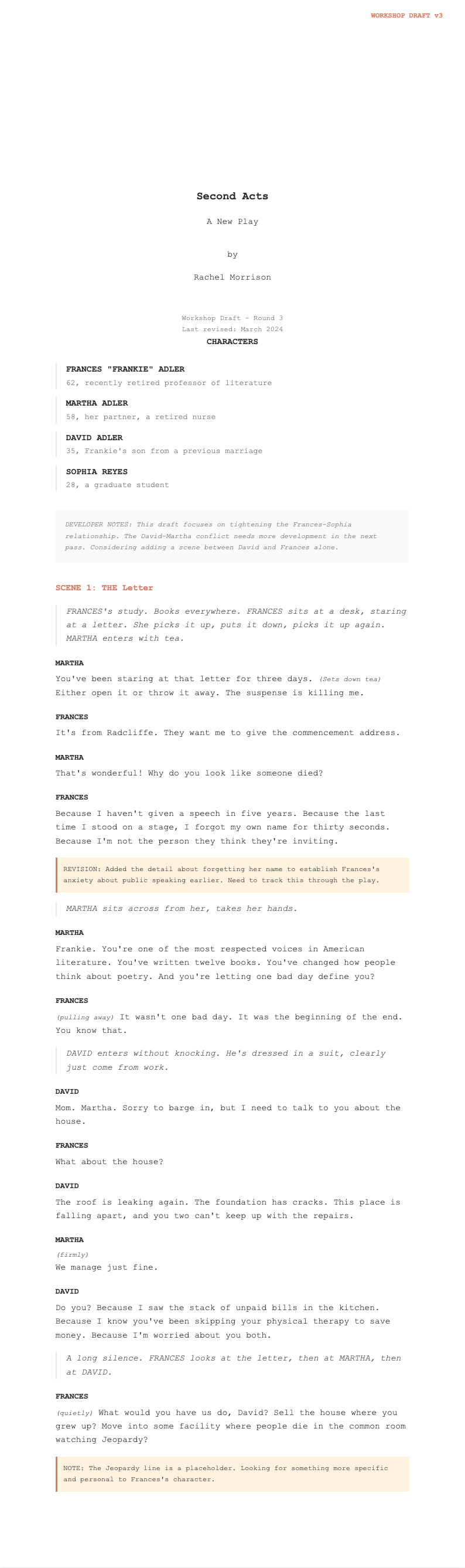 Playwright workshop draft stage play script